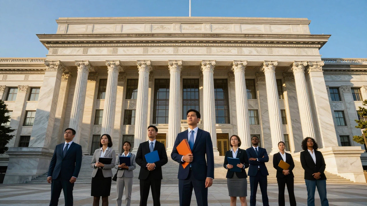 Professionals standing before a grand government building, representing career stability and opportunity.