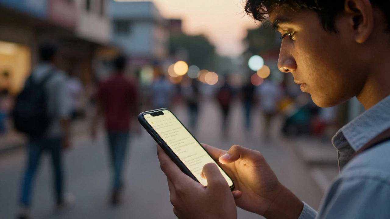 Student focusing on phone for English practice against a blurred city backdrop.