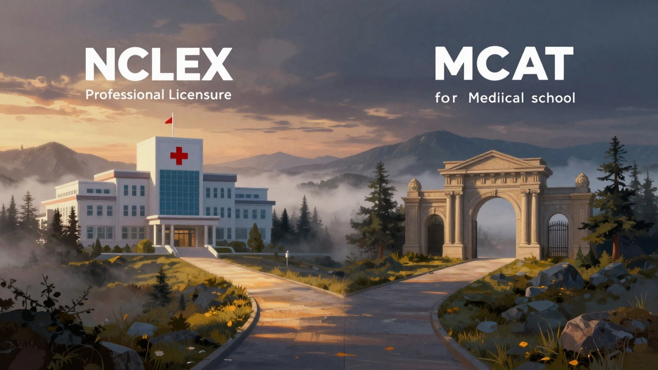 Two paths leading to a hospital and a university, symbolizing career choices