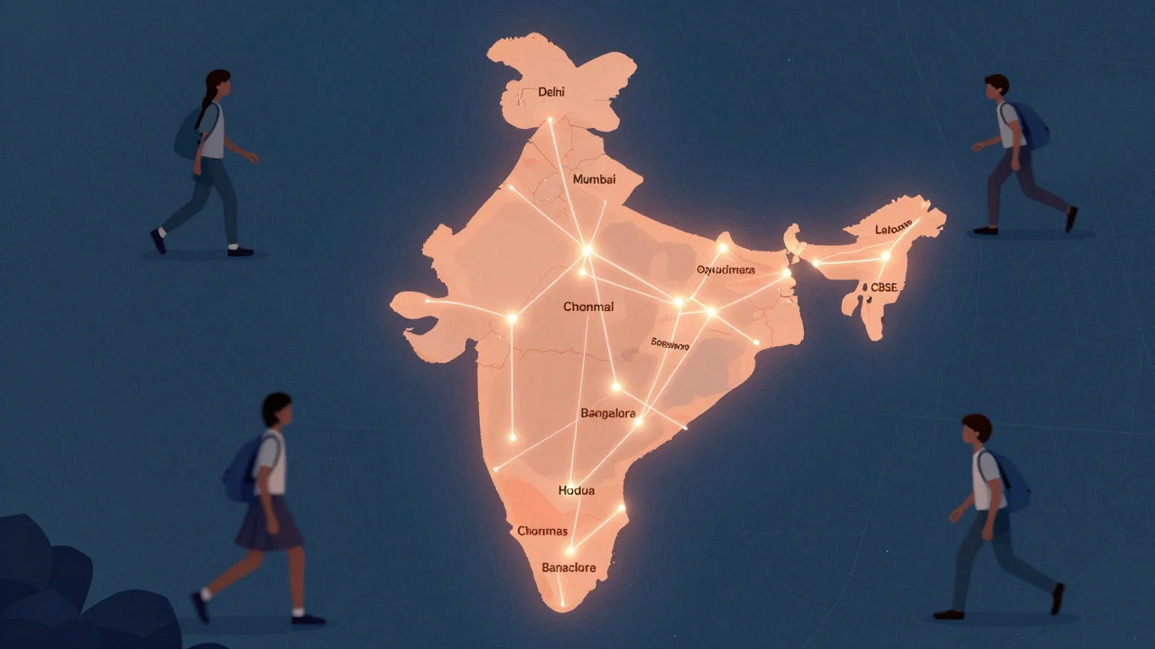 Abstract map of India showing connected cities, representing CBSE's national uniformity.