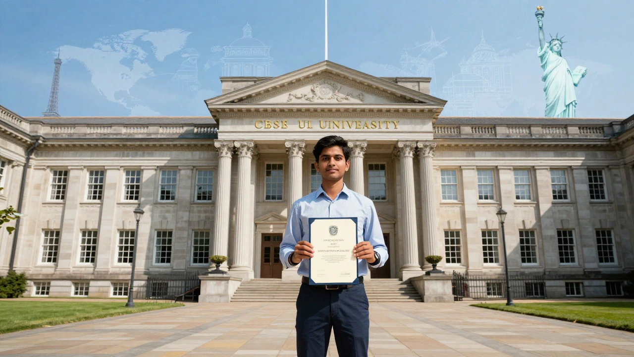 An Indian student entering a foreign university, symbolizing global CBSE recognition.
