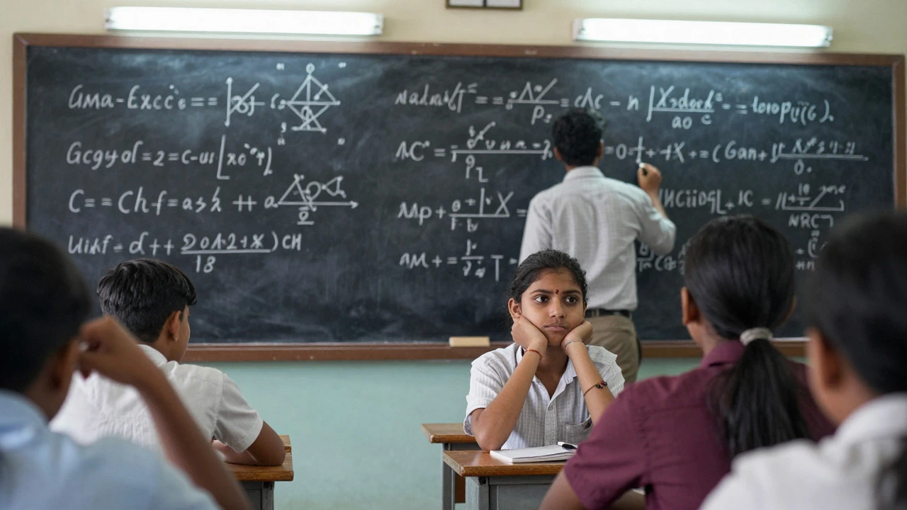 Confused students looking at physics equations on a blackboard