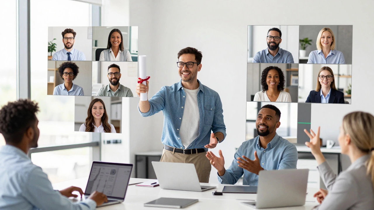 Group of professionals celebrating online degree completion in a video call
