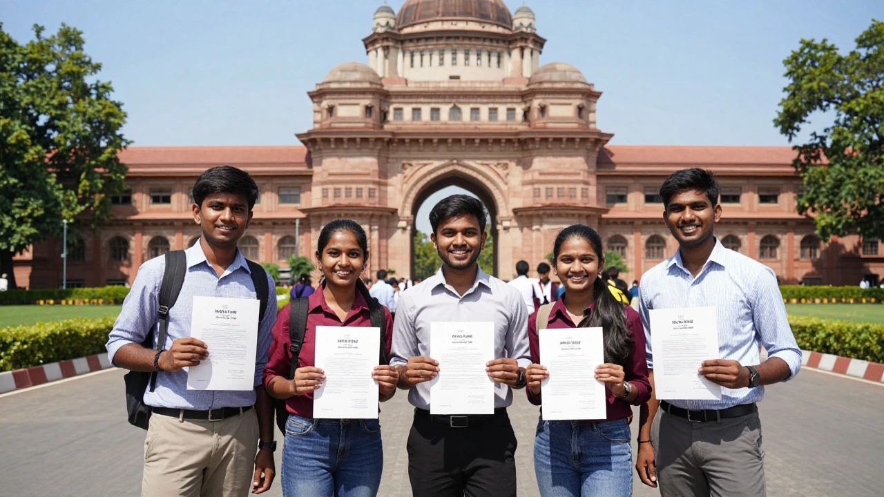 Group of successful students celebrating outside an IIT campus