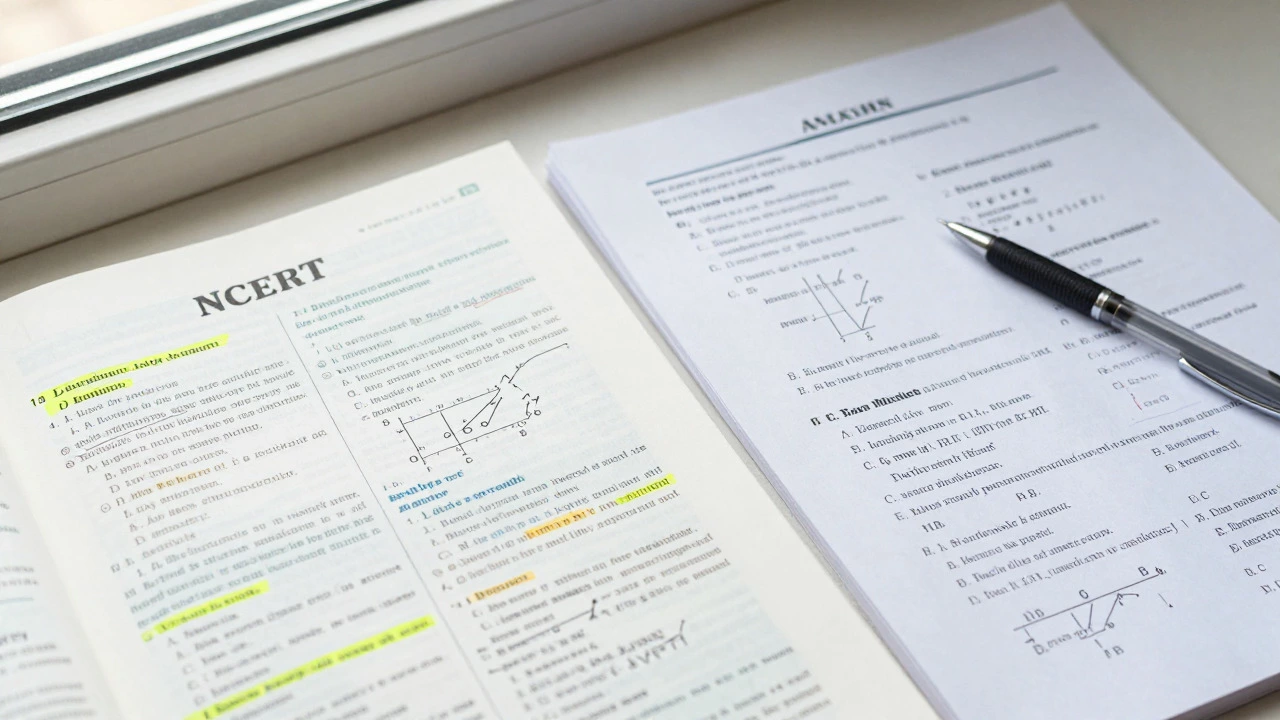 NCERT textbook and Aakash modules side-by-side on a study desk