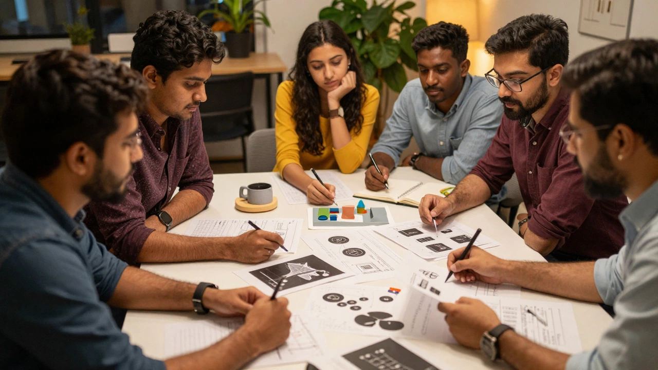 Professionals collaborating on tangible portfolio projects in an office