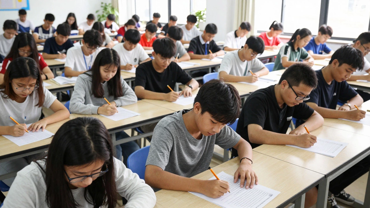 Students taking a competitive exam in a crowded hall
