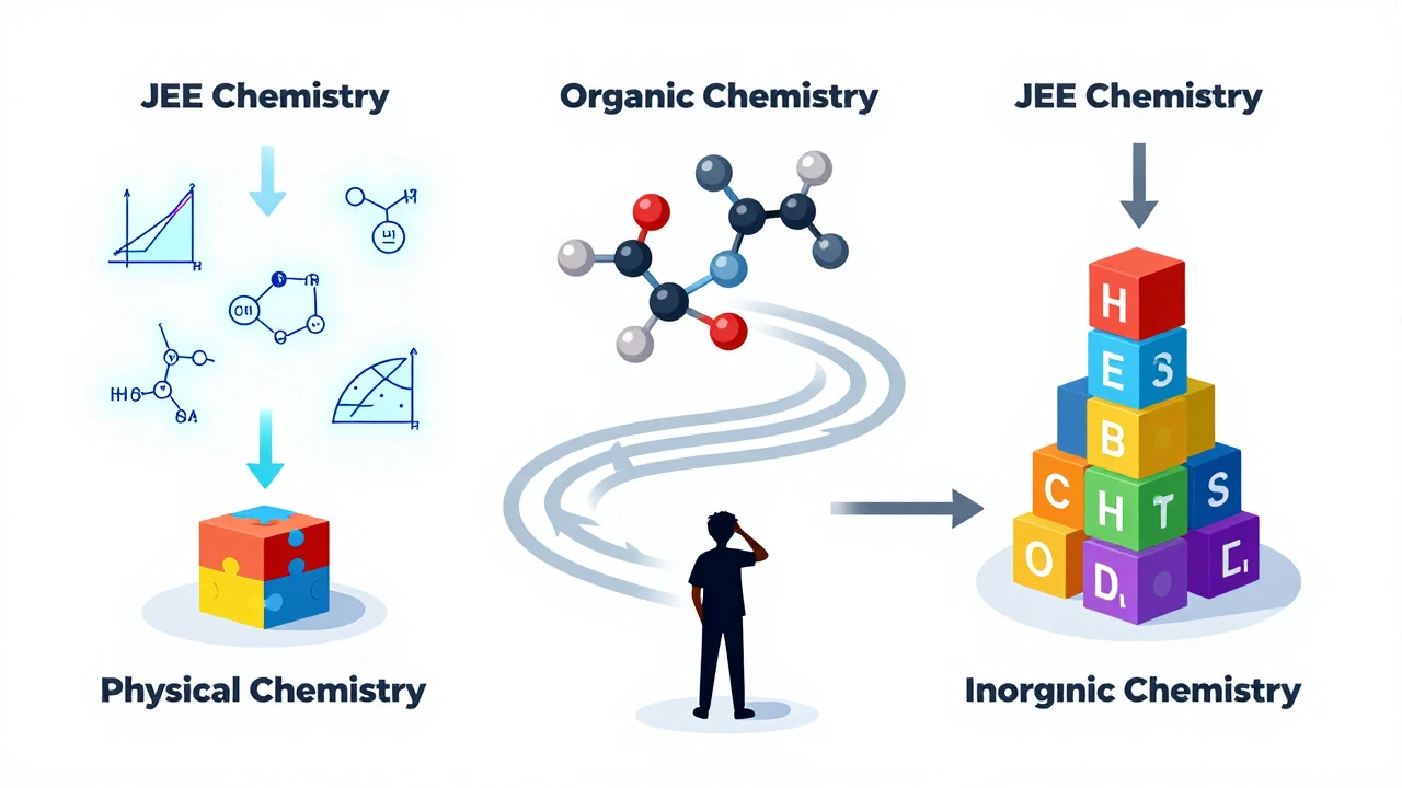 Three symbolic paths representing Physical, Organic, and Inorganic Chemistry
