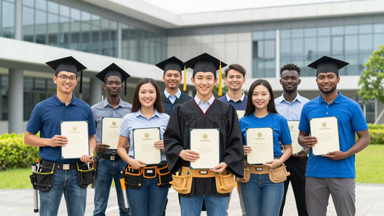 Vocational graduates holding certificates outside a technical institute