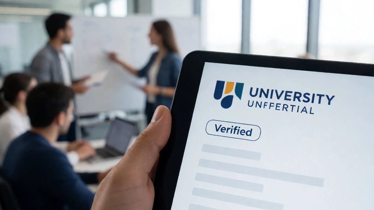 Hand holding tablet showing verified online course credential