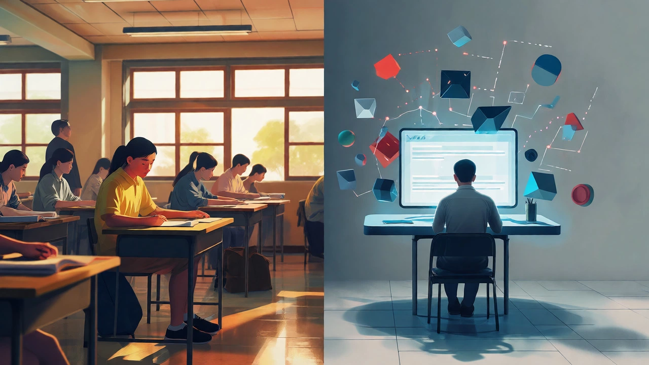 Split image comparing a lively classroom with a lonely online learner.