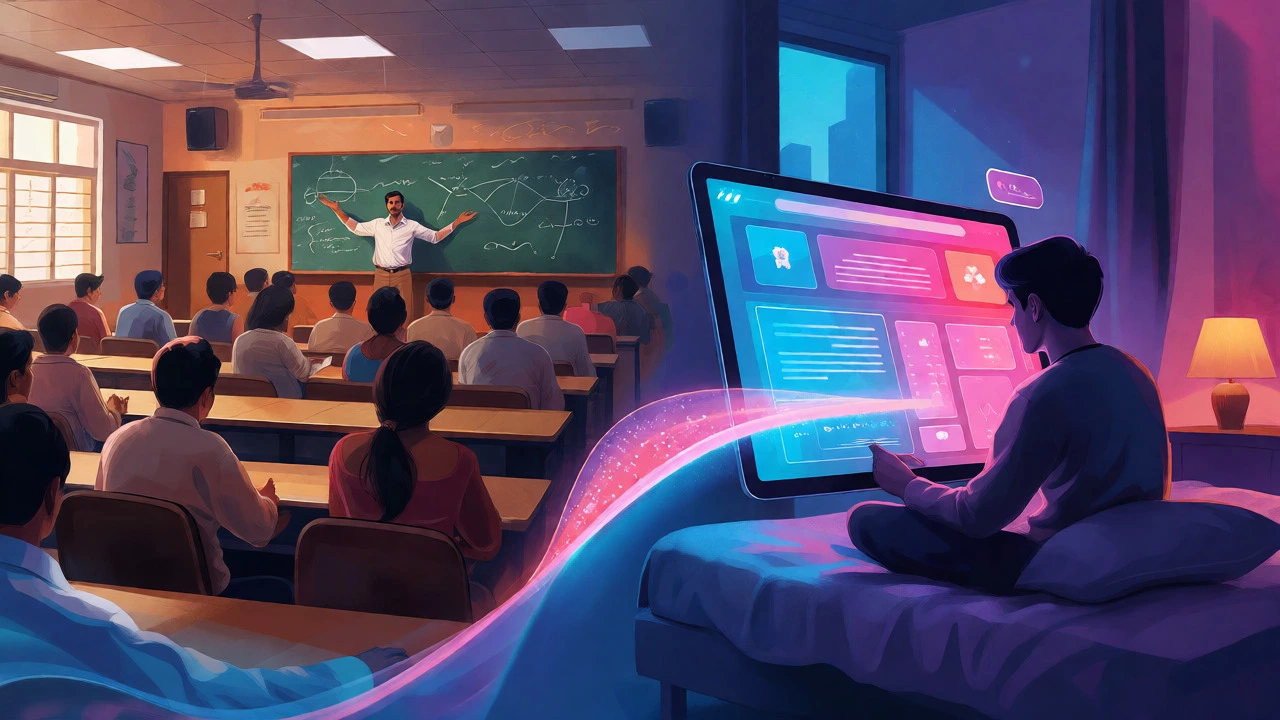 Split scene comparing traditional classroom learning with modern online study methods.