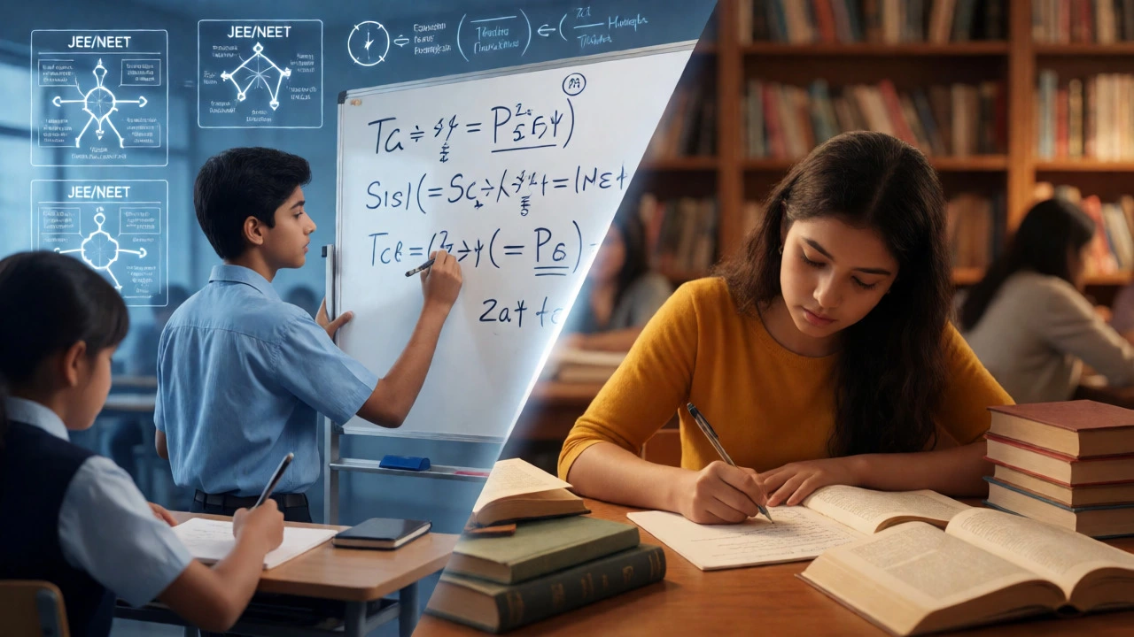 Split view comparing fast-paced CBSE problem-solving with deep ICSE literary analysis.