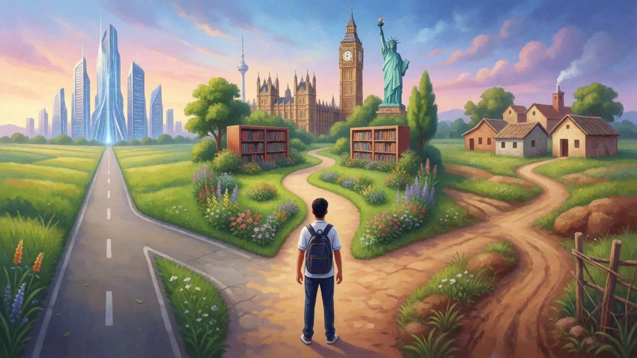 Student at a crossroads choosing between career paths represented by different school boards.
