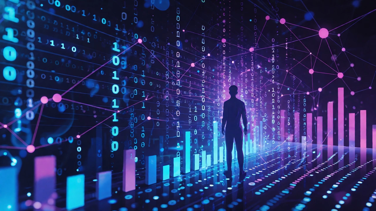 Abstract visualization of computer science and data science featuring glowing code and neural networks in blue and purple hues.
