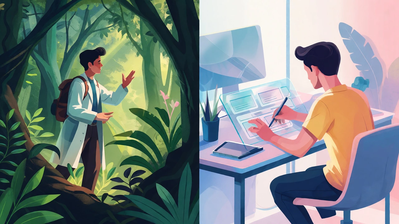 Artistic split image comparing environmental fieldwork with minimalist UX design workspace, blending nature and technology.