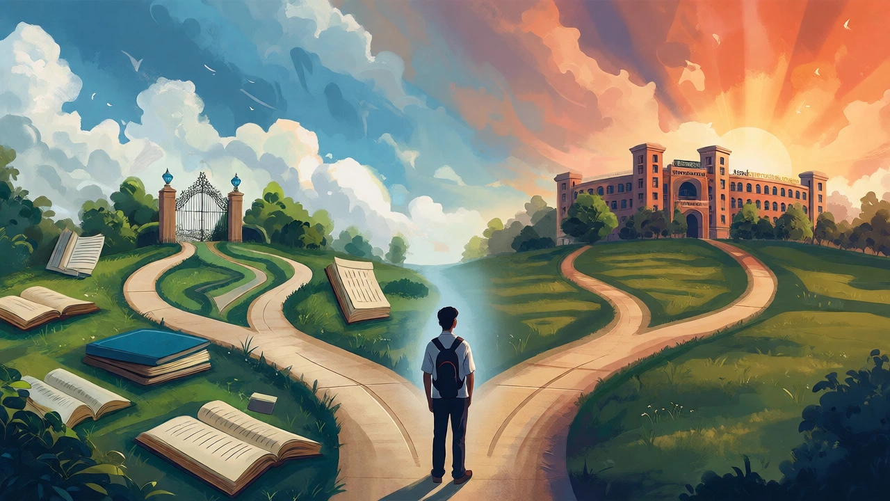 Conceptual art showing diverging academic paths for ICSE and CBSE students towards different career futures.