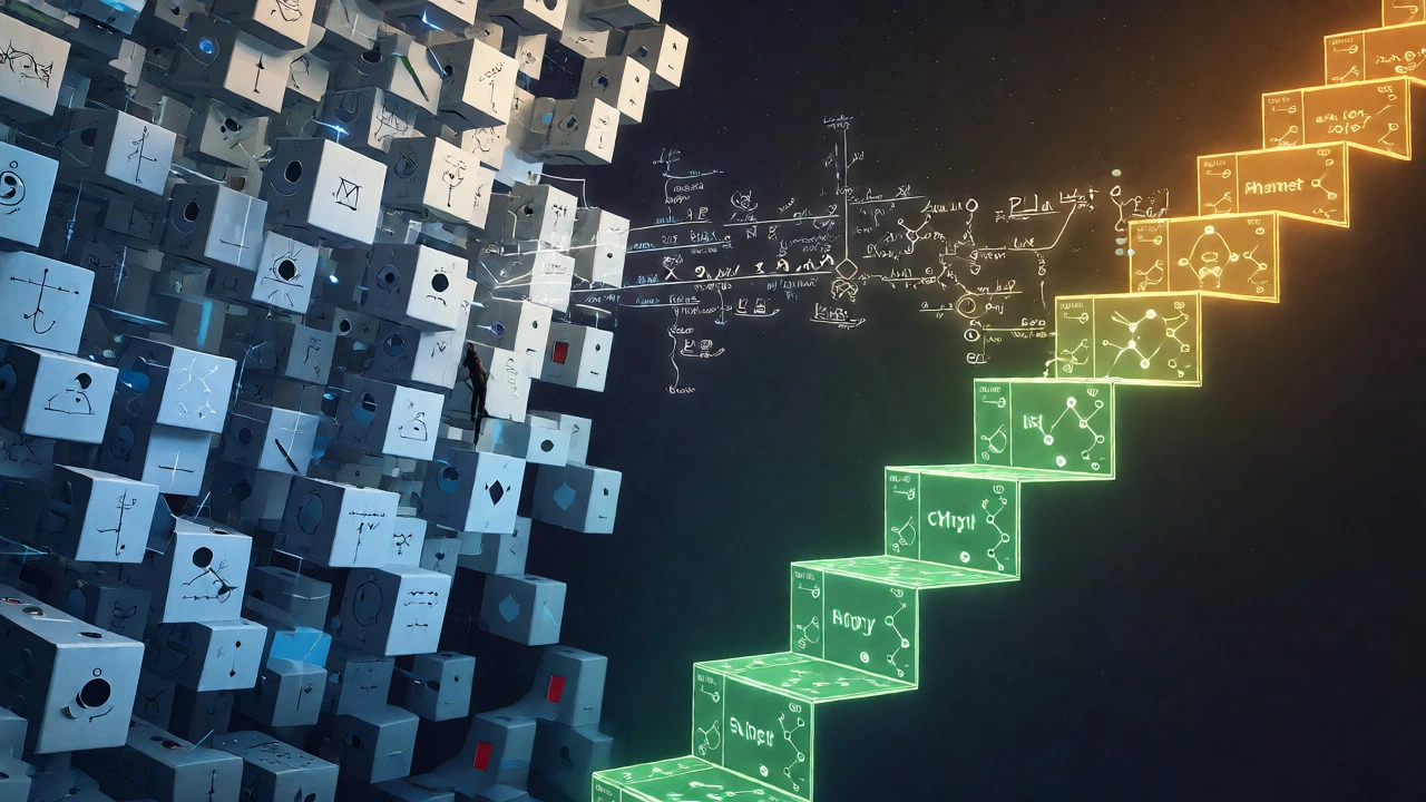 Conceptual art showing math as a maze, chemistry as stairs, and physics as a bridge.