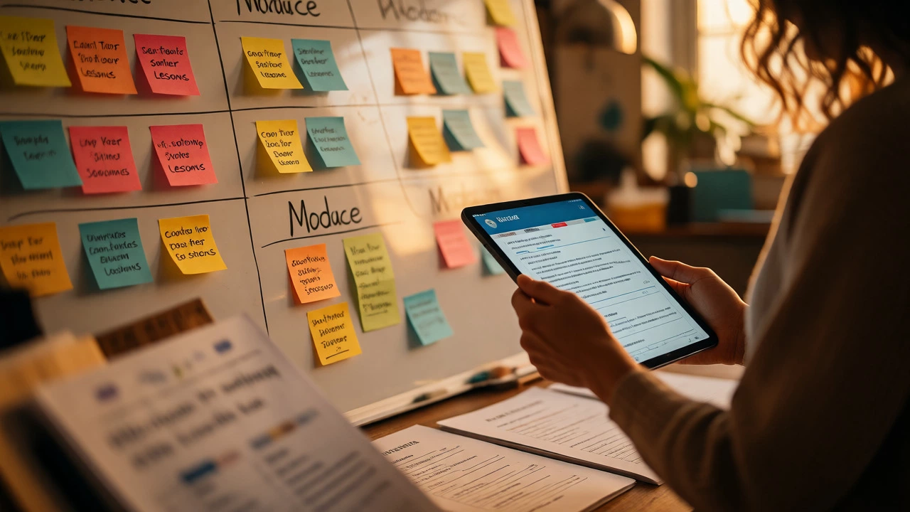 Creator reviewing curriculum plan on whiteboard with worksheets