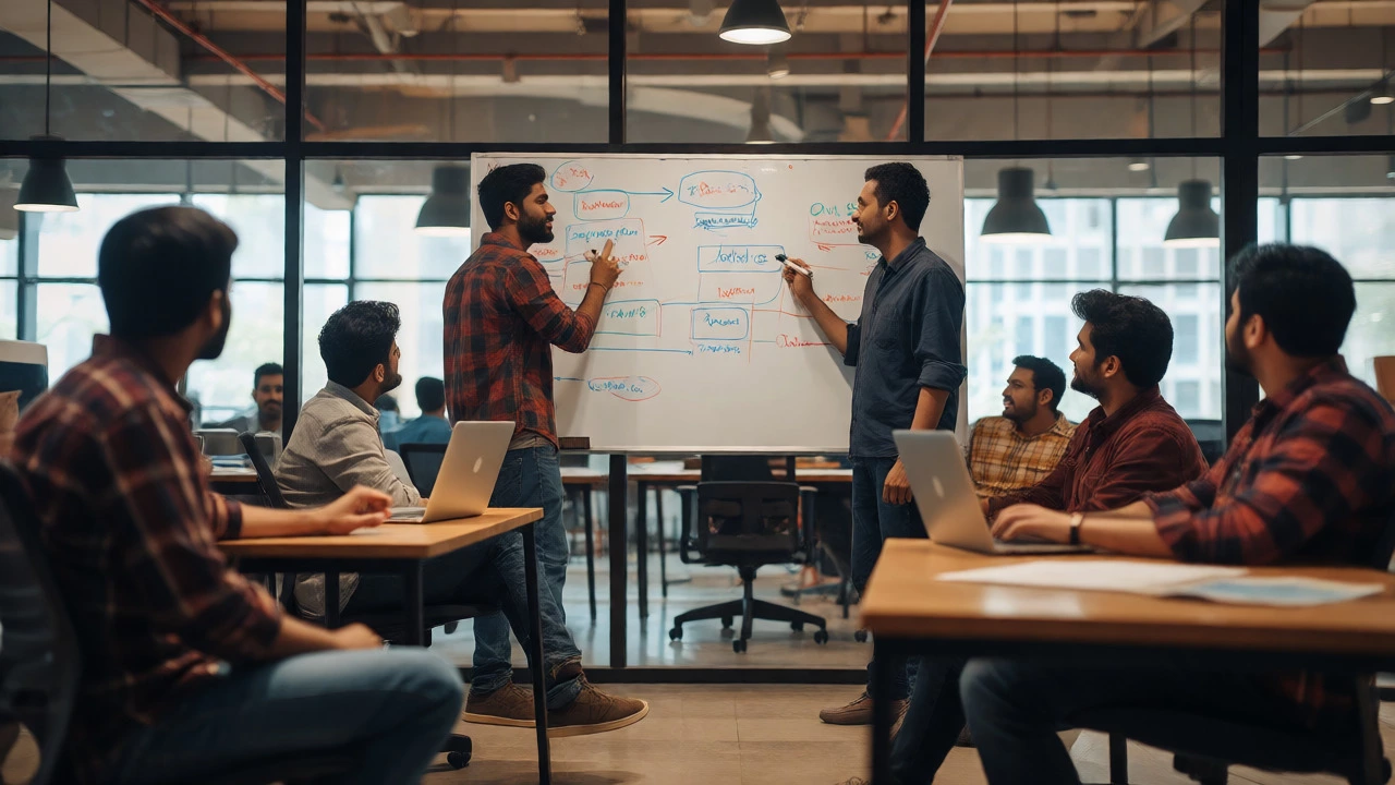 Diverse tech team collaborating on whiteboard architecture