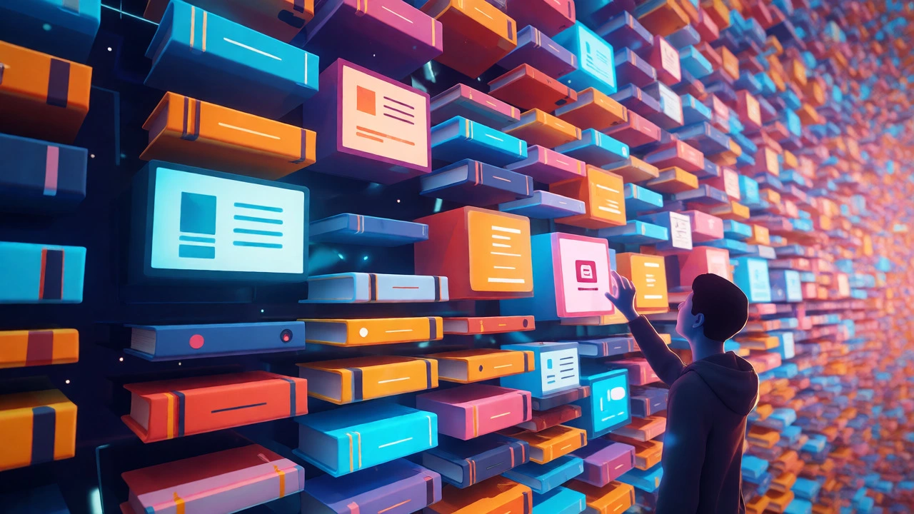 Endless digital library of floating books representing vast online course options