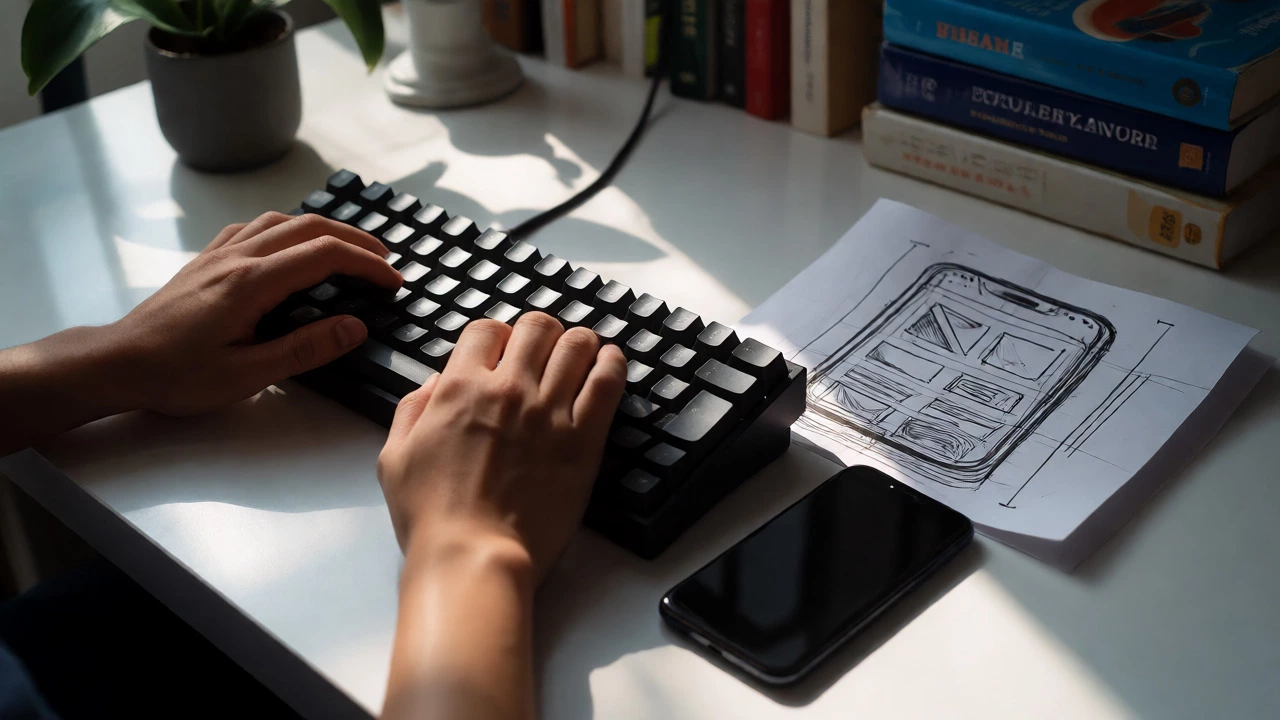 Hands typing on keyboard beside project sketches and phone