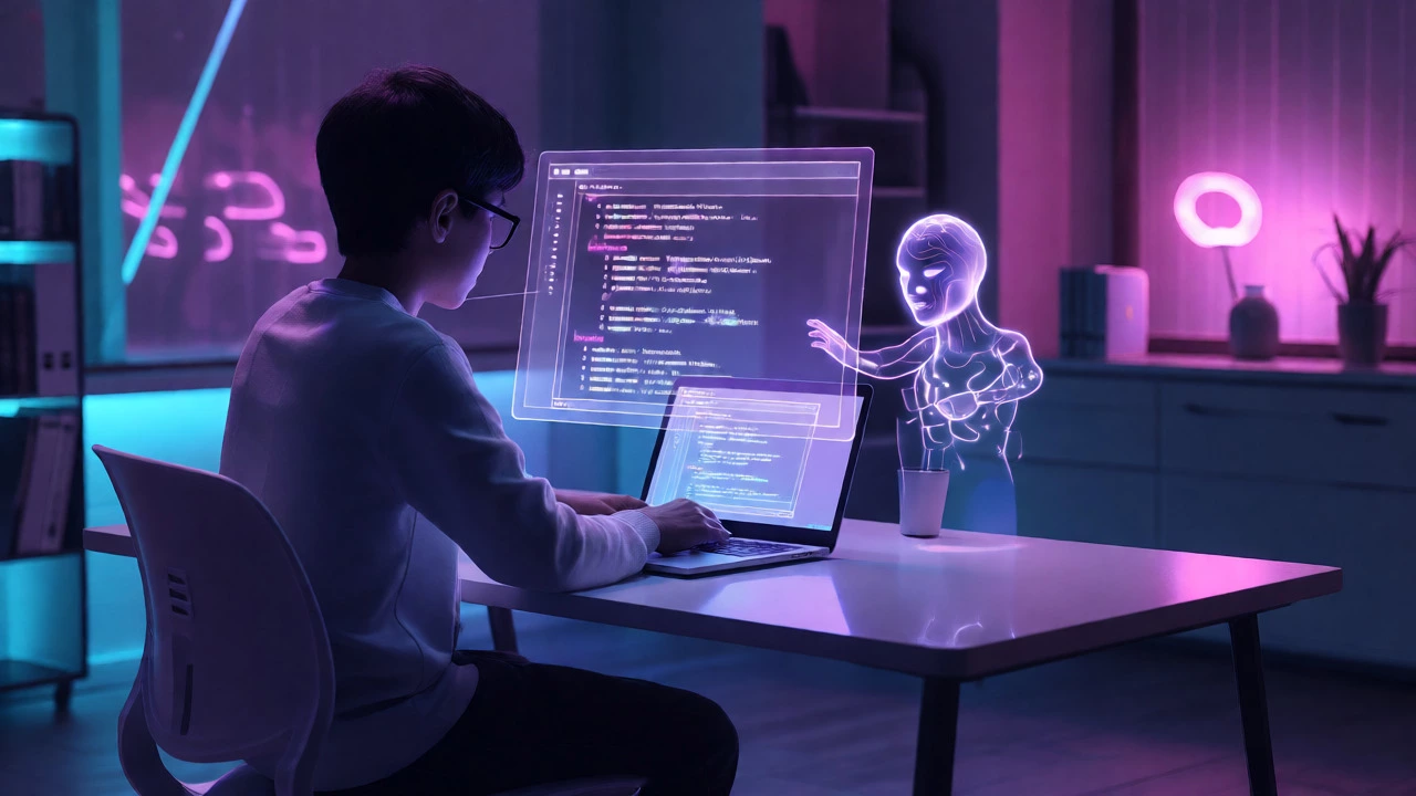 Student interacting with holographic AI tutor interface on a futuristic laptop
